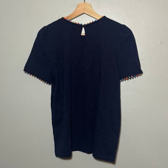 Women's Size 8/M Boden Ali Jersey T-Shirt Navy Blue Short Sleeve Pom Pom Keyhole - Picture 2 of 8